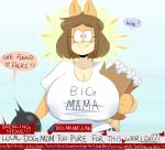 2018 anthro bag big_breasts blue_eyes blush blush_stickers bone breasts brown_hair canid canine canis cleavage clothed clothing dialogue digital_media_(artwork) domestic_dog electronics emanata english_text female hair hi_res huge_breasts jinu june_(jinu) looking_at_viewer mammal mature_anthro mature_female microphone nipple_outline offscreen_character profanity shiba_inu shirt short_hair smile solo spitz text text_on_clothing text_on_shirt text_on_topwear topwear