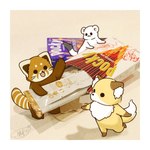 anthro biped black_eyes border brown_body chibi dot_eyes food group kemono open_mouth real white_body white_border shi_nominmin pocky pocky_and_pretz_day ailurid canid canine fox mammal mustelid musteline red_panda stoat true_musteline weasel 1:1 2024 hi_res