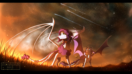 black_bars claws cloud detailed_background duo feral membrane_(anatomy) membranous_wings sky standing star starry_sky tail wings yellow_eyes skaydie european_mythology mythology dragon mythological_creature mythological_scalie scalie western_dragon 2015 digital_media_(artwork) letterbox