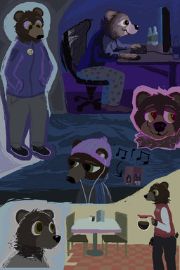 anthro beverage black_clothing black_footwear black_shoes bottomwear chair clothing coffee computer electronics footwear furniture green_eyes grey_bottomwear grey_clothing grey_pants hand_in_pocket hat headgear headwear keyboard male pants pockets purple_clothing purple_hat purple_headwear shoes solo table demensa crystal_castles bear brown_bear mammal ursine 2020 2:3 hi_res