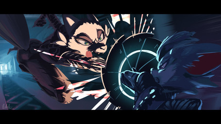anthro armor black_bars cheek_tuft clenched_teeth clothed clothing cybernetics duo eyelashes facial_tuft female fight frown fur glowing green_eyes hair holding_object inside machine melee_weapon open_mouth shield skinsuit standing teeth tight_clothing tongue tuft weapon white_body white_fur white_hair el-k crown_(el-k) sasha_(system_exception) canid canine canis fox mammal 16:9 digital_media_(artwork) hi_res letterbox sketch unfinished widescreen