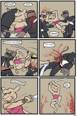 anthro axe blood bodily_fluids bottomwear breasts cleavage clothed clothing decapitation dialogue disembowelment female fur gore group katana male mask melee_weapon short_tail simple_background skirt sword tail tan_body tan_fur weapon young thunderouserections study_partners the_beach_boys chloe_(study_partners) camel camelid mammal 2025 2:3 comic hi_res