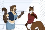 anthro beverage bottomless breasts chatting clothed clothing duo ear_piercing female male piercing soda tail text nisharu canid canid_taur canine canine_taur domestic_cat felid feline felis fox fox_taur mammal mammal_taur siamese taur 3:2