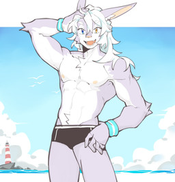 anthro beach blue_eyes clothing fur hair heterochromia looking_at_viewer male muscular muscular_anthro nipples purple_body solo standing swimwear white_body white_fur white_hair yellow_eyes shoko_contane boreas_(shoko_contane) bat mammal hi_res