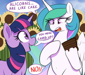cake candy chocolate chocolate_cake dessert feral flower food frosting horn plant sunflower wings thebatfang friendship_is_magic hasbro my_little_pony mythology princess_celestia_(mlp) twilight_sparkle_(mlp) equid equine mammal mythological_creature mythological_equine unicorn winged_unicorn