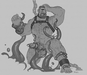 5_fingers 5_toes abs arm_hair armpit_hair balls barazoku beard biceps big_muscles big_penis blush body_hair bound chain chained chest_hair coiling_around_penis erection eye_scar eyebrows facial_hair facial_scar feet fingernails fingers genitals grey_background hairy hairy_balls hand_on_head happy_trail harness leg_hair male muscular muscular_humanoid muscular_male muscular_thighs nails navel not_furry pecs penis pubes quads scar sex simple_background smile solo tentacle_sex tentaclejob tentacles thick_thighs toenails toes tusks tritscrits humanoid orc 2021 digital_media_(artwork) greyscale hi_res monochrome