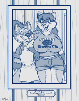 5_fingers anthro apron big_breasts big_tail biped bottomwear breasts claws clothed clothed_anthro clothed_male clothing countershade_face countershade_fur countershade_legs countershade_torso countershading dipstick_ears duo ear_markings ear_piercing ear_ring ear_stud employee_of_the_month eyebrows eyelashes eyes_closed facial_markings fangs female female_anthro finger_claws fingers fur gloves_(marking) grin hair hand_on_another's_shoulder hand_on_hip hand_on_own_hip hand_on_shoulder head_markings larger_anthro larger_female long_hair looking_at_viewer male male_anthro markings mask_(marking) multicolored_body multicolored_ears multicolored_fur nipple_outline open_mouth open_smile photo picture_frame piercing print_clothing print_shirt print_t-shirt print_topwear ring_(marking) ring_piercing ringed_tail rolled_up_sleeves shirt shorts size_difference smaller_anthro smaller_male smile smiling_at_viewer standing striped_markings striped_tail stripes t-shirt tail tail_markings teeth text text_on_t-shirt thick_eyebrows tongue toony topwear wall_(structure) whisker_spots wood wood_wall teaselbone swell_donuts connie_(bennie_tiger) teaselbone_(character) canid canine canis mammal procyonid raccoon wolf 2023 blue_and_white character_name digital_drawing_(artwork) digital_media_(artwork) english_text monochrome signature