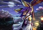 anthro breasts cloud ear_piercing ear_ring female fur hair light moon moonlight night outside piercing plant purple_hair ring_piercing shrine_maiden shrine_priestess solo tan_body tan_fur tree surryfox surry_(surryfox) canid canine fox mammal digital_media_(artwork) digital_painting_(artwork) hi_res