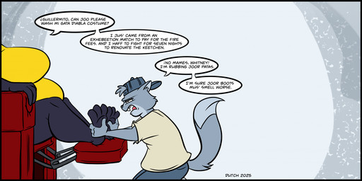 3_toes accent annoyed anthro backwards_baseball_cap backwards_cap backwards_hat baseball_cap big_breasts black_body black_fur breasts chair clothed clothed_anthro clothed_female clothed_male clothing dialogue duo feet female foot_rub fully_clothed fully_clothed_anthro fully_clothed_female fully_clothed_male fur furniture grey_body grey_fur hat headgear headwear hindpaw huge_breasts male obscured_face overweight overweight_anthro overweight_female paws recliner shirt snarky speech_bubble text toes topwear yellow_clothing yellow_shirt yellow_topwear dutch_(artist) misty_the_mouse guillermo_(dutch) whitney_(dutch) domestic_cat felid feline felis mammal english_text hi_res brother_(lore) sibling_(lore) sister_(lore)