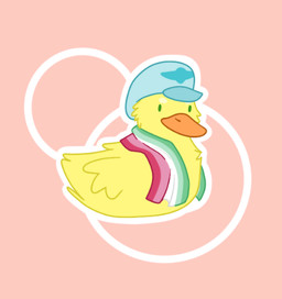 abrosexual_pride_colors ambiguous_gender beak clothing feathers feral green_eyes hat headgear headwear lgbt_pride pink_background pride_colors simple_background solo wings yellow_body yellow_feathers scraggyst anatid anseriform avian bird duck low_res