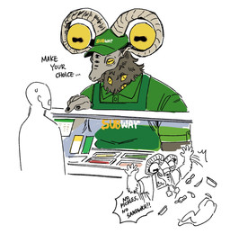 anthro apron baseball_cap bodily_fluids breath clothed clothing collared_shirt dialogue duo employee employee_uniform food fur gesture hand_gesture hat headgear headwear horn humor larger_anthro logo male multi_eye muscular muscular_anthro muscular_male nails pointing shirt shitpost simple_background size_difference smaller_human standing sweat sweatdrop text topwear tuft uniform white_background working chocytd elden_ring elden_ring_nightreign fromsoftware subway_(restaurant) libra_creature_of_night bovid caprine caprine_demon demon goat_demon human mammal 2025 english_text hi_res meme