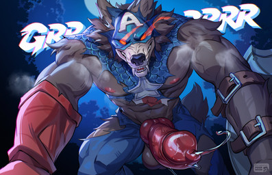 animal_genitalia animal_penis anthro big_penis black_nose bodily_fluids brown_body brown_fur canine_genitalia canine_penis clothing erection fangs fur genital_fluids genitals glowing glowing_eyes growling knot knotted_penis looking_at_viewer low-angle_view male male_anthro manly muscular muscular_anthro muscular_male night nipples penis precum red_eyes solo teeth torn_clothing poofroom marvel marvel_rivals mythology captain_america capwolf canid canine mammal mythological_canine mythological_creature werecanid werecanine werecreature werewolf 2025 absurd_res hi_res