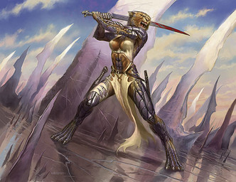 anthro belt blood blue_sky bodily_fluids bottomwear claws clothed clothing cloud crotch_apron dagger dress dutch_angle female holding_melee_weapon holding_object holding_sword holding_weapon loincloth melee_weapon metal mirrodin no_pupils outside reflection scabbard scales scimitar sky solo sword weapon todd_lockwood hasbro magic:_the_gathering wizards_of_the_coast catfolk felid leonin mammal pantherine 2002 digital_media_(artwork) digital_painting_(artwork) official_art painting_(artwork)