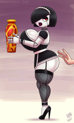 big_breasts big_butt breasts butt clothed clothing duo female footwear hair high_heels holding_object huge_breasts lipstick machine maid_uniform makeup not_furry shoes simple_background solo_focus thick_thighs uniform vase drxii teer third-party_edit maidbot_(drxii) humanoid robot color_edit colored digital_drawing_(artwork) digital_media_(artwork) hi_res