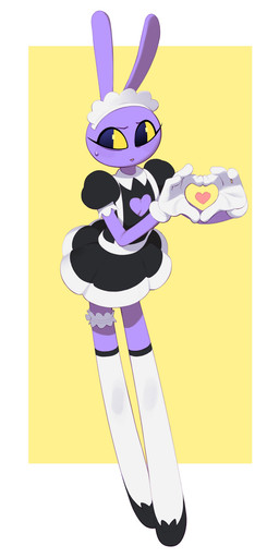 4_fingers abstract_background accessory anthro black_clothing black_dress black_eyebrows black_eyes black_footwear black_shoes bodily_fluids cleavage_cutout clothed clothing crossdressing cutout dress eyebrows eyelashes femboy fingers footwear fur garter gesture glistening glistening_eyes gloves handwear heart_cutout heart_gesture heart_symbol legwear lips looking_aside maid_headdress maid_uniform male male_anthro mouth_closed multicolored_clothing multicolored_dress nervous purple_body purple_ears purple_fur purple_lips shoes short_sleeves solo sweat sweaty_face thigh_highs two_tone_clothing two_tone_dress uniform white_clothing white_dress white_garter white_gloves white_handwear white_legwear white_thigh_highs yellow_sclera combos-n-doodles glitch_productions the_amazing_digital_circus jax_(tadc) lagomorph leporid mammal rabbit 2026 absurd_res hi_res
