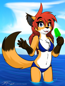 anthro bikini chest_tuft clothing cloud female food hair holding_object open_mouth popsicle sea sky solo swimwear tail tuft two-piece_swimsuit water jknewlife sara_aria canid canine fox mammal 3:4 hi_res