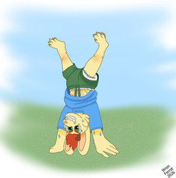 anthro antlers bodily_fluids bottomwear clothed clothing diaper diaper_peekage diaper_under_clothing diaper_under_shorts handstand horn playing shorts sweat sweatdrop wearing_diaper young young_anthro jackalope lagomorph leporid mammal hi_res nonbinary_(lore)