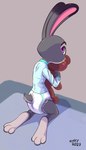 anthro clean_diaper clothed clothing diaper feet female holding_object holding_plushie holding_teddy_bear kneeling long_ears looking_at_viewer looking_back object_in_mouth pacifier pacifier_in_mouth pajamas plushie solo teddy_bear wearing_diaper extry disney zootopia judy_hopps lagomorph leporid mammal rabbit 4:7 absurd_res hi_res watermark