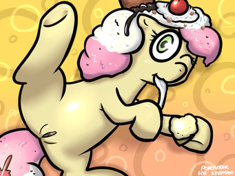 blush cherry cutlery dessert eating female food fruit genitals holding_object holding_spoon ice_cream kitchen_utensils one_eye_closed plant presenting quadruped solo spoon tail tools vulva wink onihidden hasbro my_little_pony equid equine horse mammal pony 4:3 low_res source_request