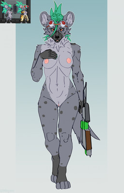 anthro breasts eyewear eyewear_on_head female fur genitals goggles green_hair grey_body grey_fur gun hair hand_on_breast holding_object holding_weapon looking_at_viewer markings mohawk nipples nude ranged_weapon red_eyes rifle shotgun simple_background solo spots tail vulva weapon milajanh hyena mammal spotted_hyena 2025 digital_media_(artwork) hi_res