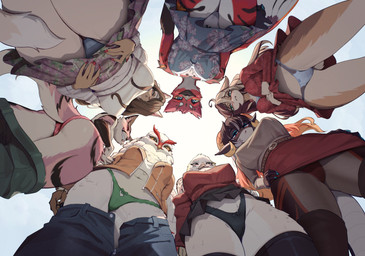 anthro beak big_breasts biped bottomwear breasts butt camel_toe clothed clothed_anthro clothed_female clothing female fingers fur group gusset hair horn looking_at_viewer low-angle_view medium_breasts navel nipple_outline non-mammal_breasts non-mammal_navel panties pants shirt simple_background skirt small_breasts smile stripes tail teeth thick_thighs topwear underwear worm's-eye_view yorzis eona_(raveger) eurana_(raveger) harumi_(raveger) krissy_(raveger) mocha_(raveger) sigrid_(raveger) sylvia_(raveger) avian bird bovid canid canine caprine deer domestic_cat felid feline felis fox goat mammal owl 2026 absurd_res digital_drawing_(artwork) digital_media_(artwork) hi_res