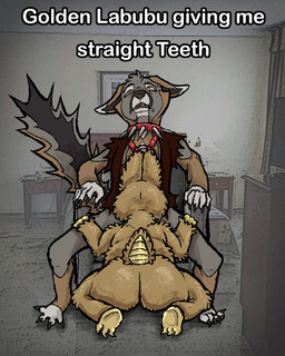 ambiguous_gender anthro clenched_teeth collar curling_toes duo ears_down feet fellatio kneeling male male/ambiguous oral pain penile photo_background pivoted_ears sex shitpost sitting spiked_collar spikes teeth what aliendog6002 24_karat_gold_labubu_(meme) pop_mart the_monsters_(kasing_lung) plomizo_grisaceo canid canine fox grey_fox labubu mammal urocyon hi_res meme photography_(artwork)