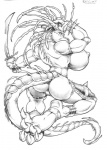 anthro armor biceps breasts feet female looking_back melee_weapon muscular muscular_anthro muscular_female nipples non-mammal_breasts non-mammal_nipples nude side_boob simple_background solo sword tail unconvincing_armor warrior weapon white_background ferris mythology dragon mythological_creature mythological_scalie scalie 2000 monochrome traditional_media_(artwork)