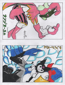 anthro clothing dress duo female sitting spade_tail suit tail salyut_(artist) hello_kitty_(series) nintendo onegai_my_melody pokemon sanrio kuromi my_melody anatid anseriform avian bird demon duck felid feline generation_9_pokemon lagomorph leporid mammal meowscarada pokemon_(species) quaquaval rabbit absurd_res hi_res sibling_(lore) sister_(lore) sisters_(lore)