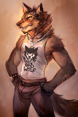 abstract_background accessory anthro biped black_lips black_nose bottomwear brown_body brown_fur bulge chain clock clothed clothing dark_body dark_fur denim denim_bottomwear denim_clothing ear_piercing fangs fur gloves_(marking) hands_on_hips humanoid_hands jeans jewelry lips long_mouth male markings neck_tuft necklace necktie orange_eyes pants piercing print_clothing print_shirt print_topwear shirt sleeveless_shirt snout solo standing tail tank_top tattoo teeth text text_on_clothing text_on_shirt text_on_tank_top text_on_topwear tongue topwear tuft watch whiskers cheetahpaws canid canine canis mammal wolf english_text traditional_media_(artwork)