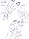 anthro buckteeth clothed clothing dialogue dipstick_ears duo ear_markings facial_markings female head_markings humor male markings multicolored_ears parody police police_uniform simple_background suit teeth text uniform white_background tggeko archer_(series) disney zootopia jack_savage judy_hopps lagomorph leporid mammal rabbit 2017 comic english_text