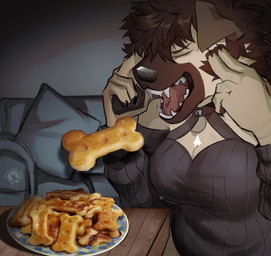 anthro black_clothing black_hair black_shirt black_topwear breasts claws clothing dog_food dog_treat eyes_closed fangs female floppy_ears hair inside long_sleeves open_mouth pet_food plate sharp_teeth shirt short_hair solo teeth telekinesis topwear excaliburwolf levitating_pizza mya_(excaliburwolf) puppygirl_(excaliburwolf) canid canine canis domestic_dog german_shepherd herding_dog mammal pastoral_dog hi_res meme