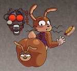 anthro blush bodily_fluids bottomless brown_body buckteeth butt butt_focus clothed clothing duo embarrassed endoskeleton eyelashes femboy food hot_dog humor looking_back male multicolored_body mustard no_underwear purple_eyes rabbit_ears scut_tail short_tail simple_background stitch_(sewing) stitched_body surprised_expression sweat sweatdrop tail teeth topwear two_tone_body vest whiskers zipper nanocorpx five_nights_at_freddy's five_nights_at_freddy's:_help_wanted fnaf_vr_help_wanted gyatt_(meme) scottgames glitchtrap lagomorph leporid mammal patchwork_creature rabbit censored colored digital_drawing_(artwork) digital_media_(artwork) shaded