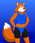 anthro big_tail black_bottomwear black_clothing black_eyes black_shorts blue_sleeveless_shirt bottomwear clothing female hands_on_hips looking_at_viewer midriff navel orange_body shorts simple_background smile solo tail white_inner_ear robertgdraws brutal_paws_of_fury foxy_roxy canid canine fox mammal 2021 hi_res