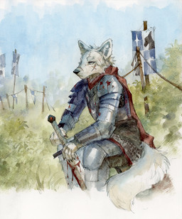 anthro armor black_nose blood blue_sky bodily_fluids cheek_tuft clothed clothing facial_scar facial_tuft fur head_tuft male male_anthro melee_weapon mouth_closed neck_tuft outside scar sitting sky solo sword tuft weapon white_body white_fur akatan_art canid canine mammal hi_res traditional_media_(artwork)