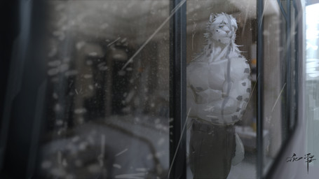 anthro blue_eyes clothed clothing fur hair inside male male_anthro mouth_closed muscular muscular_anthro muscular_male narrowed_eyes pecs raining solo spotted_arms standing topless white_body white_fur white_hair window awaldkize felid mammal absurd_res hi_res