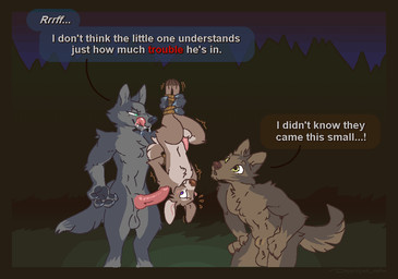 animal_genitalia ankles_tied anthro balls big_penis black_nose black_pawpads blue_claws bodily_fluids bound brown_claws brown_hooves brown_nose claws crouching curious detailed_background dialogue digitigrade dominant dominant_anthro dominant_male drooling erection finger_claws forest fully_sheathed fur genitals green_eyes grey_body grey_fur grey_text group growling hands_tied holding_another holding_by_leg hooves huge_penis knot knotted_penis larger_anthro larger_male licking licking_lips licking_own_lips male male/male male_anthro narrowed_eyes navel nervous night nude outside pawpads penis pink_penis pink_tongue plant purple_eyes red_text saliva shaking sheath sheathed_tapering_penis size_difference smaller_anthro smaller_male snout speech_bubble standing submissive submissive_anthro submissive_male tail tapering_penis text tongue tongue_out tree trembling trio unguligrade upside_down dyyrlysh kristoffer_everglade canid canine canis deer mammal new_world_deer white-tailed_deer wolf 2025 aliasing aseprite_(artwork) digital_drawing_(artwork) digital_media_(artwork) english_text hi_res