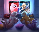 anthro beverage breasts cabinet clothed clothing controller detailed_background duo electronics eye_contact female fingers floor game_console game_controller gaming hair hooves inside legwear light looking_at_another lying on_front panties pillow smile stockings television topless underwear white_hair taurusart coca-cola doritos frito-lay kirby_(series) nintendo nintendo_switch super_smash_bros. super_smash_bros._ultimate the_legend_of_zelda kirby sheik_(tloz) bovid canid canine caprine fox mammal sheep 2021 colored digital_media_(artwork) hi_res lighting shaded