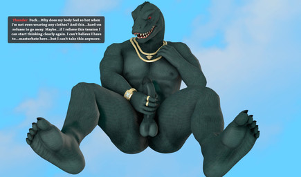 abs anthro balls cloud erection falling falling_down feet genitals involuntary_erection jewelry male masturbation nude nude_anthro nude_male pecs penis profanity red_eyes sky solo text unwanted_erection meteorsmash okamical_(modeler) epic_games fortnite thunder_(fortnite) komodo_dragon lizard monitor_lizard reptile scalie absurd_res english_text hi_res