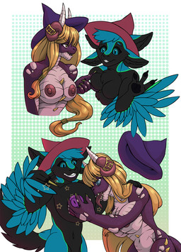 3_fingers 4_ears 5_fingers anthro areola belly big_breasts black_arms black_belly black_body black_breasts black_claws black_ears black_feathers black_inner_ear black_pawpads black_sclera black_tail blonde_hair blue_body blue_ears blue_eyebrows blue_eyes blue_feathers blue_hair blue_wings border breast_expansion breast_grab breast_lick breast_play breasts casting_spell claws clothing duo expansion eyebrows feather_hair feathered_wings feathers featureless_breasts female female_anthro finger_claws fingers green_background green_body green_claws green_feathers hair hand_on_breast hat hat_only headgear headgear_only headwear headwear_only horn huge_breasts licking magic_user medium_breasts mostly_nude mostly_nude_anthro mostly_nude_female multi_ear navel nipples non-mammal_areolas non-mammal_breasts non-mammal_navel non-mammal_nipples nude nude_anthro nude_female pawpads pink_breasts pseudo_hair purple_areola purple_arms purple_clothing purple_hat purple_headwear purple_nipples red_areola red_clothing red_hat red_headwear red_horn red_nipples simple_background tail tongue white_border winged_arms wings witch witchcraft unknown_artist mythology ralena/ralaku avali avian dragon mythological_creature mythological_scalie scalie species_request character_request hi_res herm_(lore)