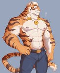 5_fingers abs anthro biped blue_eyes bottomwear clothed clothing countershading fingers fur hand_on_hip humanoid_hands male markings multicolored_body multicolored_fur muscular muscular_anthro muscular_male nipples orange_body orange_fur pecs simple_background solo standing striped_body striped_fur striped_markings striped_tail stripes tail tail_markings tan_body tan_fur topless two_tone_body two_tone_fur ixkouu nekojishi studio_klondike lin_hu felid mammal pantherine tiger 2020 hi_res signature