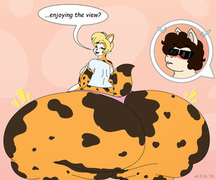 anthro belly big_butt bite biting_lip biting_own_lip blonde_hair blush bodily_fluids breasts brown_hair brown_spots butt clothing copyright_symbol duo eyewear female fur green_eyes hair huge_butt huge_thighs hyper hyper_butt hyper_thighs male markings open_mouth orange_body orange_fur overweight overweight_anthro overweight_female panties self_bite shirt spots spotted_body spotted_fur sunglasses sweat symbol text thick_thighs topwear underwear white_body white_fur satsumalord haleigh_(satsumalord) marco_(satsumalord) alpaca calico_cat camelid domestic_cat felid feline felis mammal 2025 6:5 digital_media_(artwork) english_text hi_res