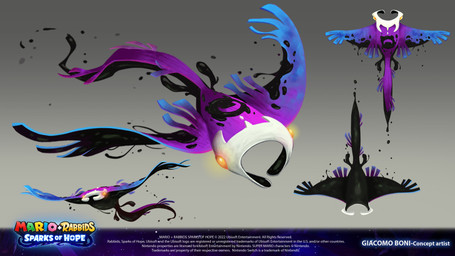 ambiguous_feral ambiguous_gender black_markings black_tail blue_body blue_skin copyright_symbol feral glowing glowing_eyes gradient_background grey_background high-angle_view light low-angle_view markings multicolored_body multicolored_skin no_pupils purple_body purple_skin purple_tail simple_background solo symbol tail text title white_head year yellow_eyes giacomo_boni mario_plus_rabbids_sparks_of_hope nintendo ubisoft aquatic darkmess_manta fish manta_ray ray_(fish) 16:9 2022 4k absurd_res adobe_photoshop_(artwork) artist_name colored digital_drawing_(artwork) digital_media_(artwork) english_description english_text hi_res lighting model_sheet official_art procreate_(artwork) widescreen