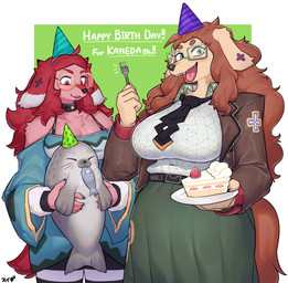 5_fingers anthro big_breasts birthday bottomwear breasts brown_hair cake clothed clothing collar cutlery dessert duo eyes_closed eyewear female fingers floppy_ears food fork fur glasses green_eyes hair hat headgear headwear jacket kemono kitchen_utensils long_hair looking_at_viewer motion_lines necktie open_mouth party_hat pink_body pink_fur red_eyes red_hair skirt standing tan_body tan_fur text tools topwear sususuigi hawker_hurricane_(hideki_kaneda) spitfire_(hideki_kaneda) aquatic canid canine canis domestic_dog fish mammal pinniped seal absurd_res hi_res japanese_text signature