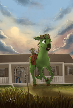 anthro clothed clothing cutie_mark day duo fur grass green_body green_eyes green_fur gun hair hooves horn male outside plant ranged_weapon sky sun tan_hair weapon mechagen hasbro my_little_pony mythology fan_character equid equine human mammal mythological_creature mythological_equine unicorn hi_res