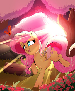 cutie_mark female feral flower forest hair hooves log long_hair open_mouth outside pink_hair plant solo tree wings wood madacon friendship_is_magic hasbro my_little_pony mythology fluttershy_(mlp) arthropod butterfly equid equine insect lepidopteran mammal mythological_creature mythological_equine pegasus 2018 5:6 absurd_res digital_media_(artwork) hi_res