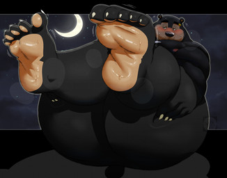 anthro big_butt black_body black_fur blush bodily_fluids butt claws crescent_moon eyebrow_piercing facial_piercing feet foot_fetish foot_focus fur huge_butt huge_thighs humanoid_feet male moon night nipples nude nude_anthro nude_male overweight overweight_anthro overweight_male paws piercing plantigrade soles solo sweat sweaty_feet tail thick_thighs toes had0u hadou_(satsui-n0-had0u) bear mammal sun_bear ursine 2025 hi_res