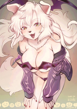 anthro bat_lingerie bat_wings big_breasts biped blush breasts cleavage clothed clothing colored_nails cute_fangs fangs female female_anthro floppy_ears fur hair jacket kemono leaning leaning_forward light_body light_hair looking_at_viewer membrane_(anatomy) membranous_wings nails off_shoulder open_mouth red_nails small_wings smile solo teeth topwear wings yellow_eyes kiichi canid canine canis domestic_dog mammal digital_media_(artwork) portrait restricted_palette three-quarter_portrait