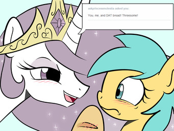 blue_eyes blush bread crown duo eye_contact female feral food green_hair hair headgear horn imminent_sex long_hair looking_at_another pink_eyes pink_hair princess royalty smile text tiara john_joseco friendship_is_magic hasbro my_little_pony mythology princess_celestia_(mlp) equid equine horse mammal mythological_creature mythological_equine pony unicorn 4:3 english_text
