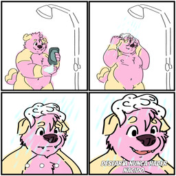anthro bathing belly border male nude pink_body showering slightly_chubby solo text white_border yellow_body young young_anthro lilyaaxxy canid canine canis domestic_dog mammal 1:1 absurd_res hi_res spanish_text