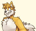 2_tails aged_up anthro arm_tuft black_nose blue_eyes cheek_tuft chest_tuft clothed clothing dipstick_tail eyebrows facial_tuft fluffy fluffy_tail fur hair light looking_down male male_anthro markings multi_tail multicolored_body multicolored_fur orange_body orange_eyebrows orange_fur orange_hair orange_tail short_hair shoulder_tuft simple_background solo tail tail_markings thick_eyebrows toothy_grin topless topless_anthro topless_male tuft two_tone_body two_tone_fur two_tone_tail white_body white_fur white_inner_ear white_tail_tip beastofeuthanasia sega sonic_the_hedgehog_(series) miles_prower canid canine fox mammal 2023 colored digital_drawing_(artwork) digital_media_(artwork) lighting shaded